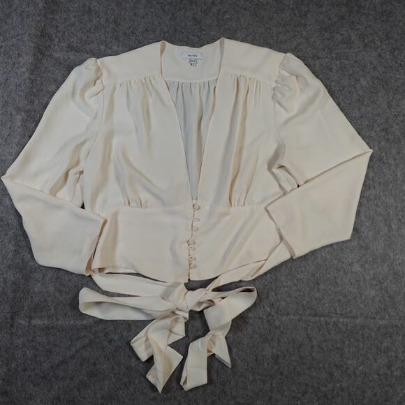 Reiss Top Womens 10 Alena Plunge Button Detail Blouse Satin Tie Waist Ivory - Picture 4 of 14